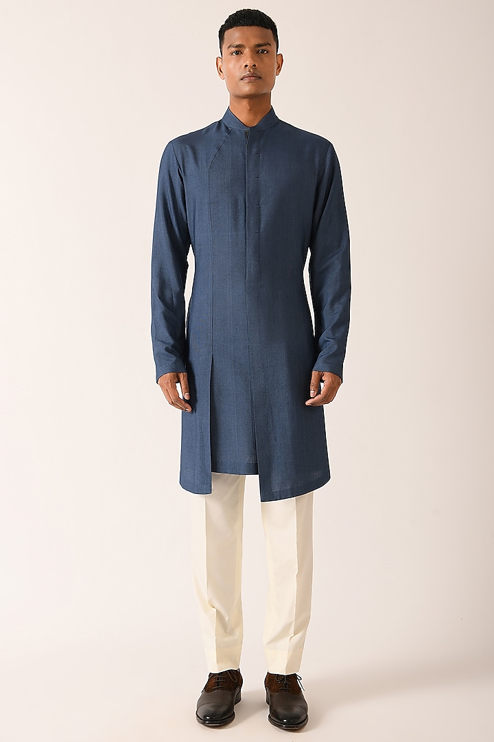 Yale Blue Cotton Silk Kurta Set by Dhruv Vaish