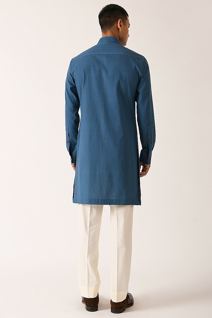 Yale Blue Handloom Cotton Double Flap Kurta Set by Dhruv Vaish at Pernia's Pop Up Shop