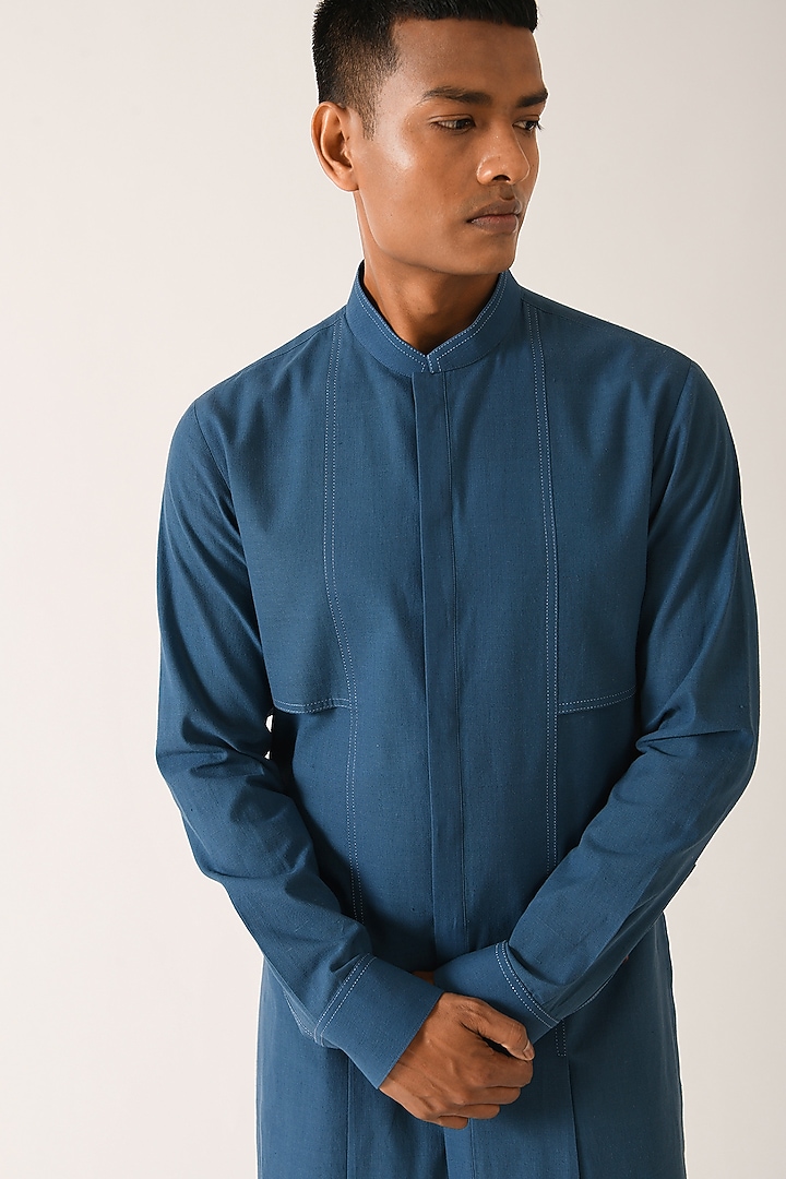 Yale Blue Handloom Cotton Double Flap Kurta Set by Dhruv Vaish at Pernia's Pop Up Shop