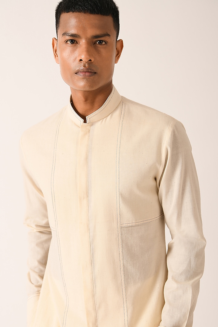 Vanilla Color Handloom Cotton Double Flap Kurta Set by Dhruv Vaish at Pernia's Pop Up Shop