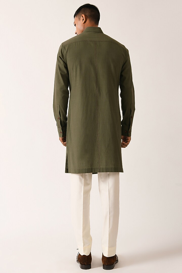 Olive Handloom Cotton Double Flap Kurta Set by Dhruv Vaish at Pernia's Pop Up Shop