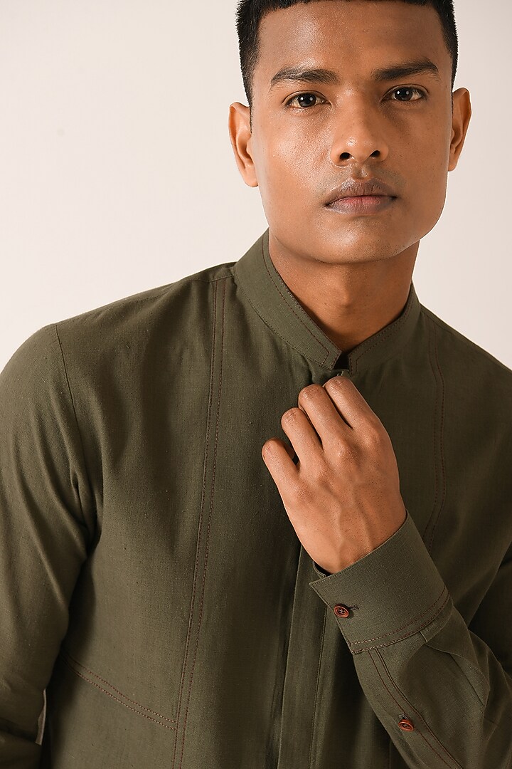 Olive Handloom Cotton Double Flap Kurta Set by Dhruv Vaish at Pernia's Pop Up Shop