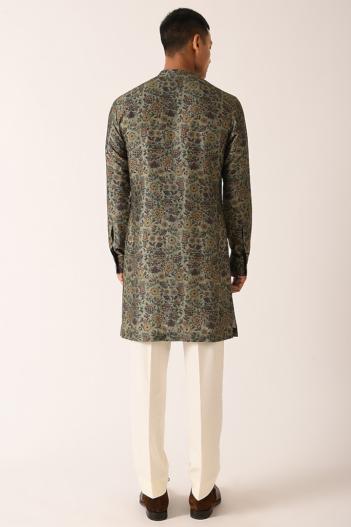Sage Cotton Silk Printed Semi-Side-Open Kurta Set by Dhruv Vaish at Pernia's Pop Up Shop