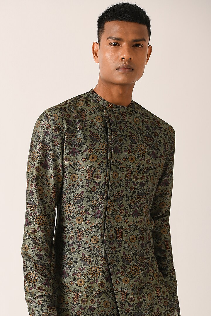 Sage Cotton Silk Printed Semi-Side-Open Kurta Set by Dhruv Vaish at Pernia's Pop Up Shop