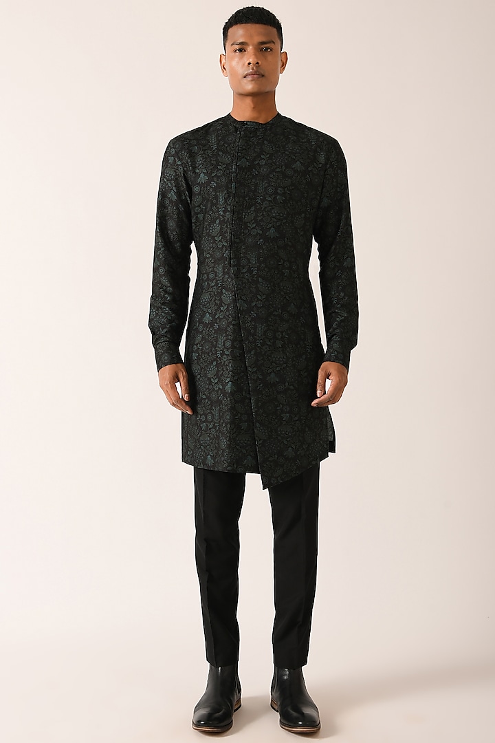 Black Forest Printed Semi-Side-Open Kurta Set by Dhruv Vaish