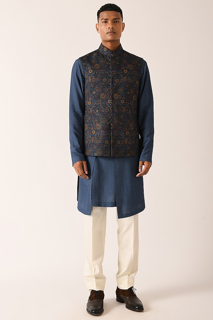 Yale Blue Printed Jawahar Jacket by Dhruv Vaish