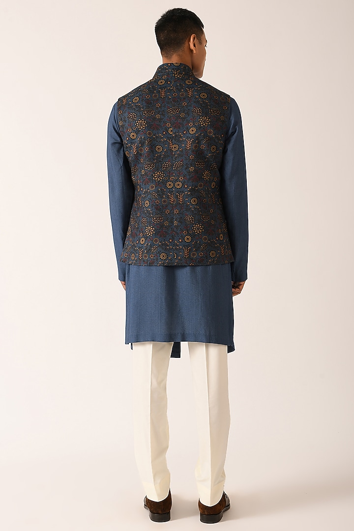 Yale Blue Textured Cotton Silk Printed Nehru Jacket by Dhruv Vaish at Pernia's Pop Up Shop