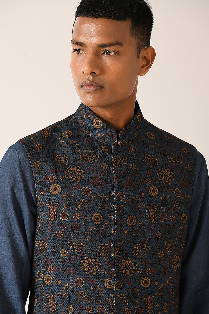 Yale Blue Textured Cotton Silk Printed Nehru Jacket by Dhruv Vaish at Pernia's Pop Up Shop