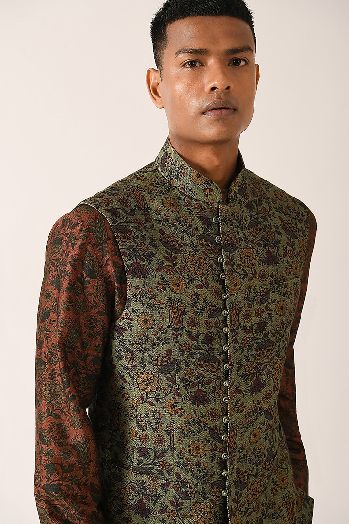Sage Textured Cotton Silk Printed Nehru Jacket by Dhruv Vaish at Pernia's Pop Up Shop