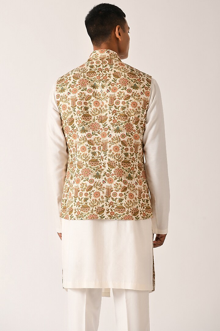 Vanilla White Textured Cotton Silk Printed Jawahar Jacket by Dhruv Vaish at Pernia's Pop Up Shop