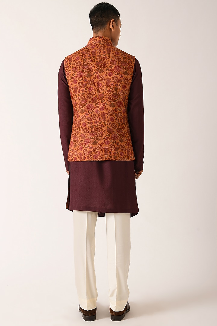 Rust Textured Cotton Silk Printed Nehru Jacket by Dhruv Vaish at Pernia's Pop Up Shop