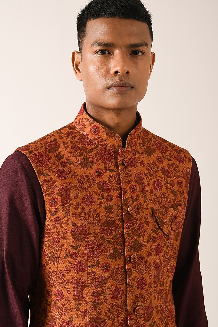 Rust Textured Cotton Silk Printed Nehru Jacket by Dhruv Vaish at Pernia's Pop Up Shop