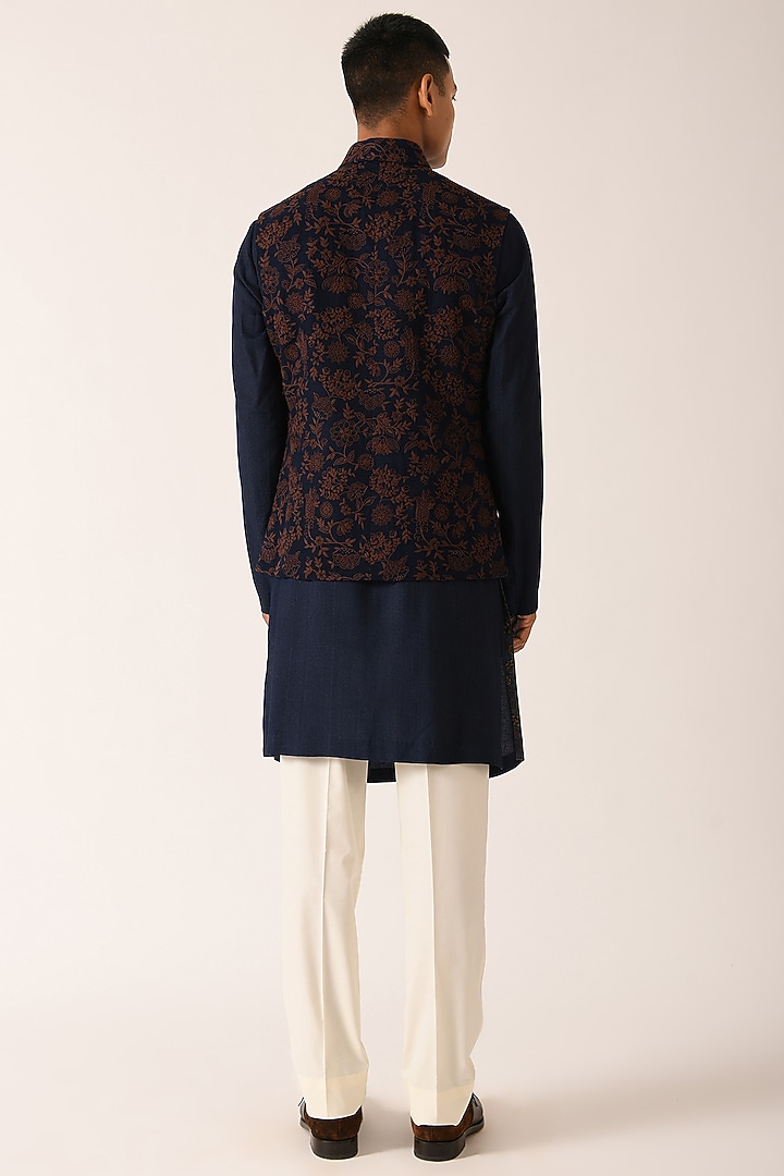 Navy Textured Cotton Silk Embroidered Nehru Jacket by Dhruv Vaish at Pernia's Pop Up Shop
