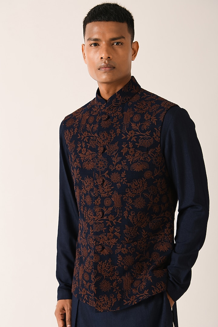 Navy Textured Cotton Silk Embroidered Nehru Jacket by Dhruv Vaish at Pernia's Pop Up Shop