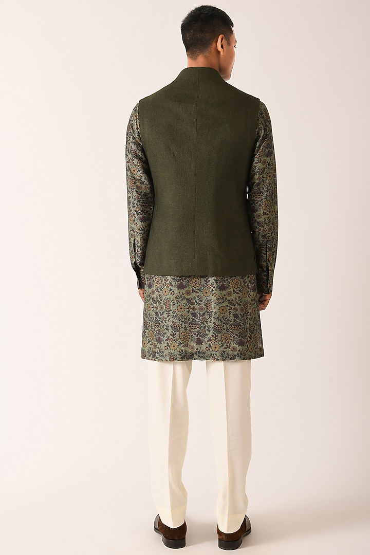 Olive Textured Cotton Silk Nehru Jacket by Dhruv Vaish at Pernia's Pop Up Shop