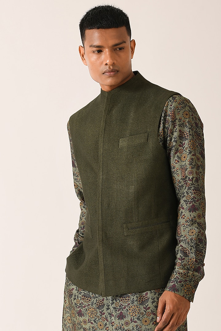 Olive Textured Cotton Silk Nehru Jacket by Dhruv Vaish at Pernia's Pop Up Shop