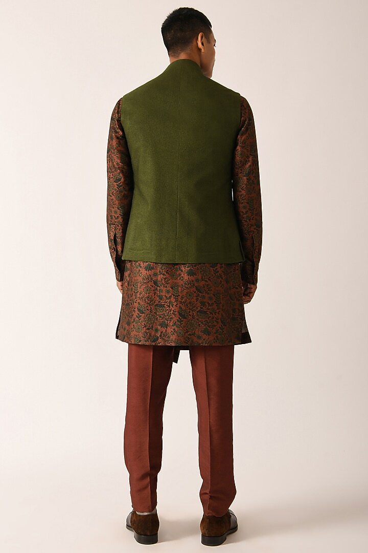 Olive Textured Cotton Silk Nehru Jacket by Dhruv Vaish at Pernia's Pop Up Shop