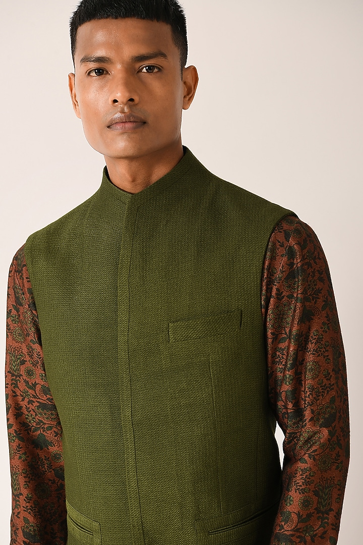 Olive Textured Cotton Silk Nehru Jacket by Dhruv Vaish at Pernia's Pop Up Shop