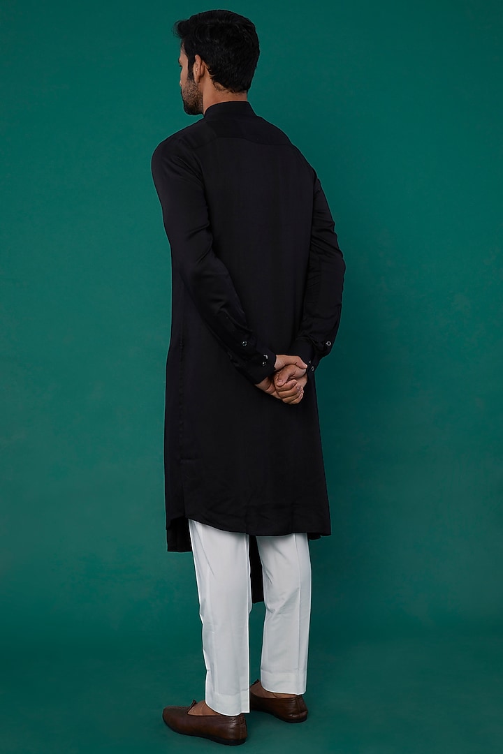 Black Cotton Satin Draped Kurta Set by Dhruv Vaish at Pernia's Pop Up Shop