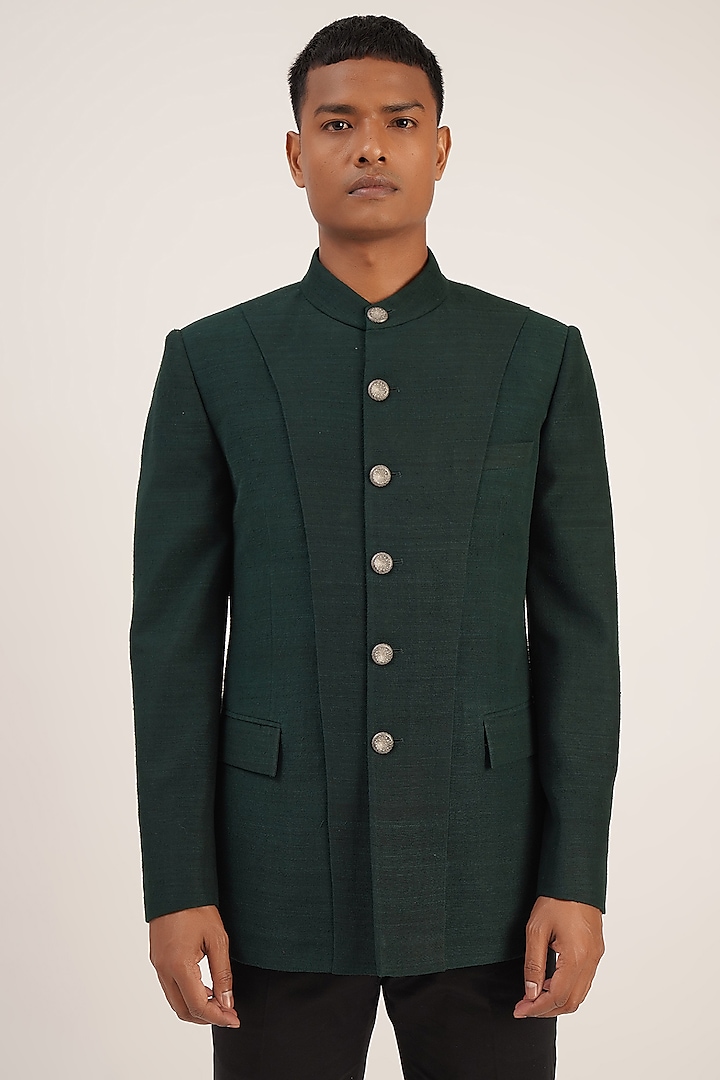 Bottle Green Silk Bandhgala Jacket by Dhruv Vaish