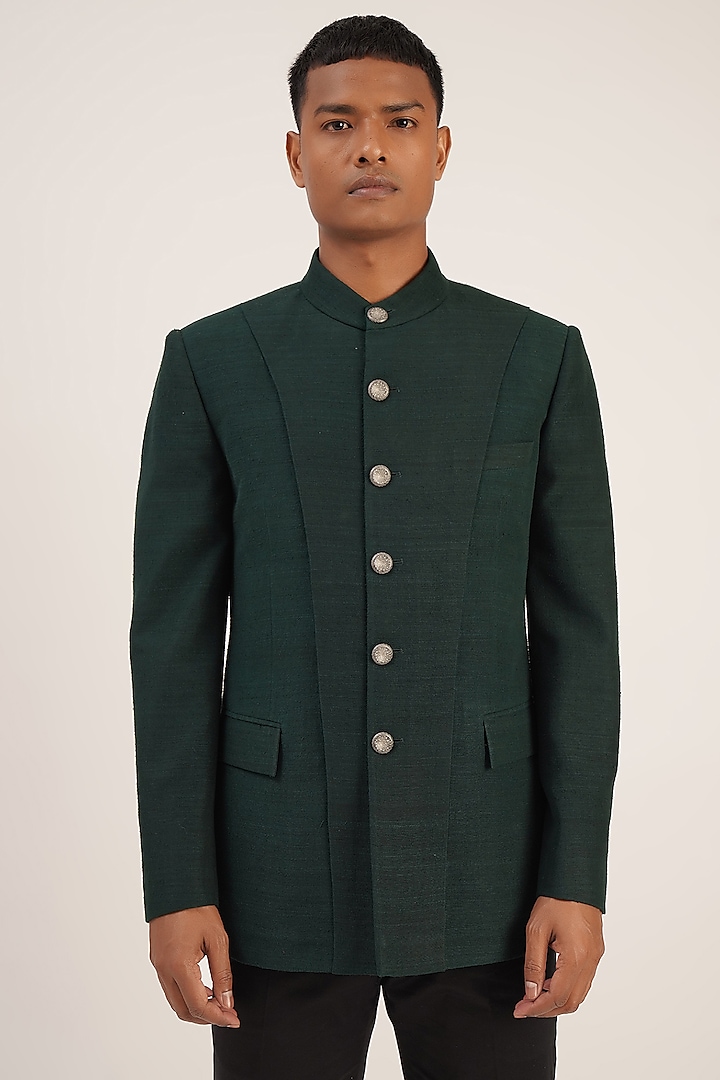 Bottle Green Silk Bandhgala Jacket by Dhruv Vaish at Pernia's Pop Up Shop