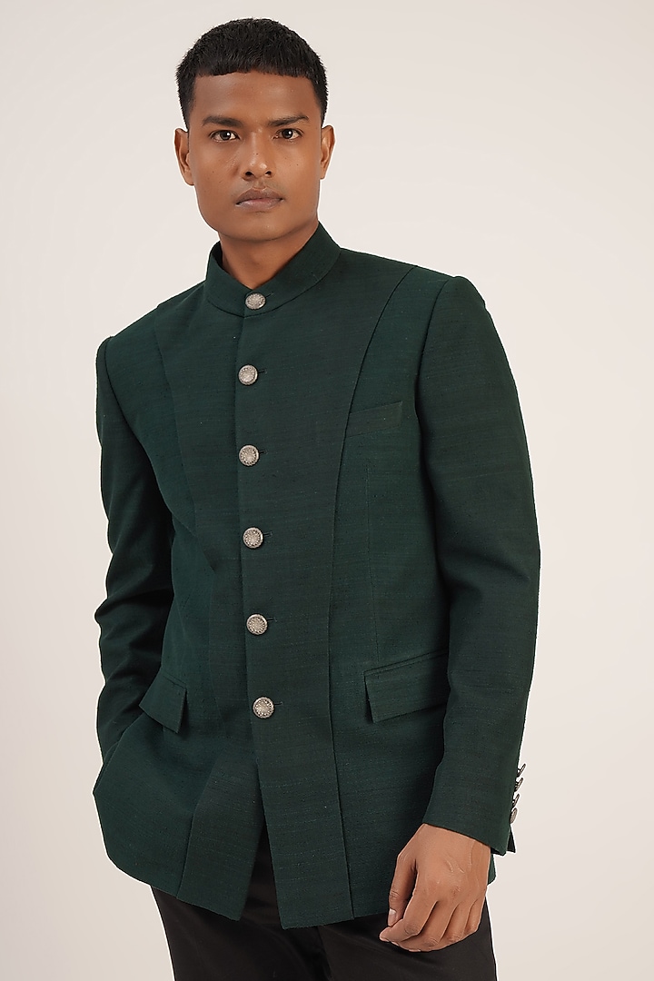 Bottle Green Silk Wedding Bandhgala Jacket by Dhruv Vaish at Pernia's Pop Up Shop