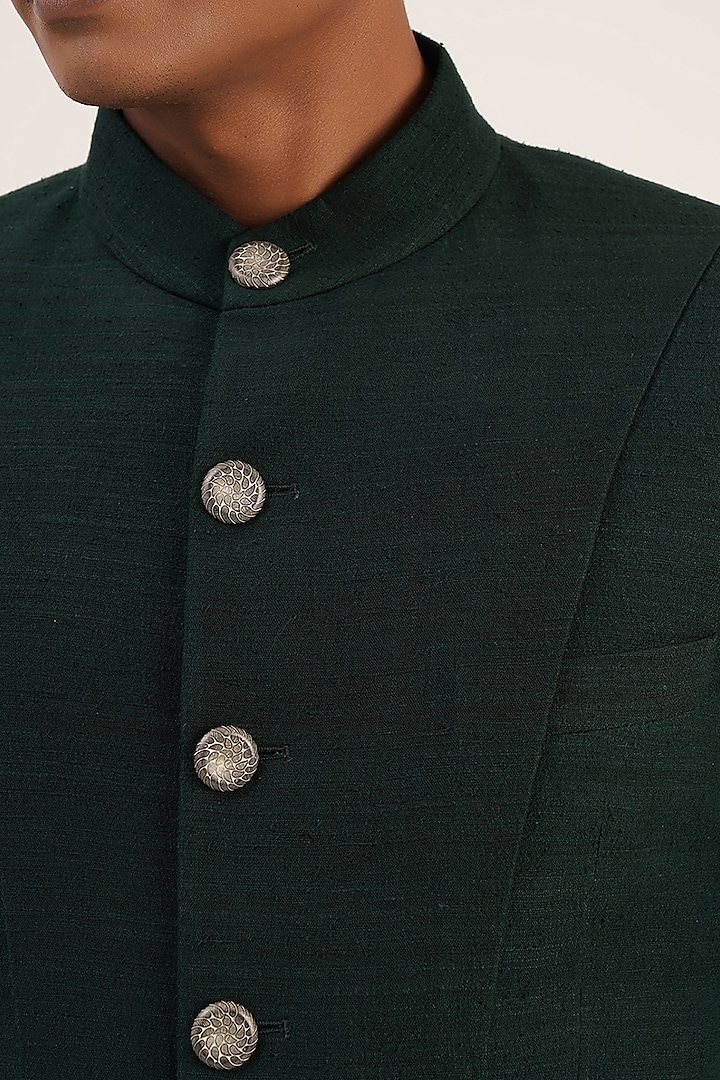 Bottle Green Silk Wedding Bandhgala Jacket by Dhruv Vaish at Pernia's Pop Up Shop