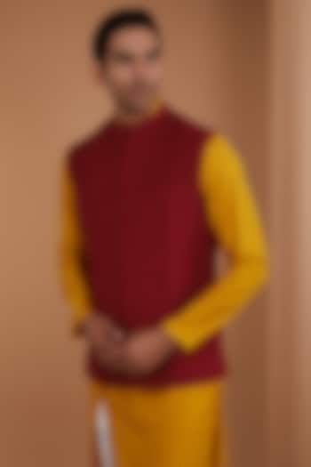 Ruby Red Silk Nehru Jacket by Dhruv Vaish