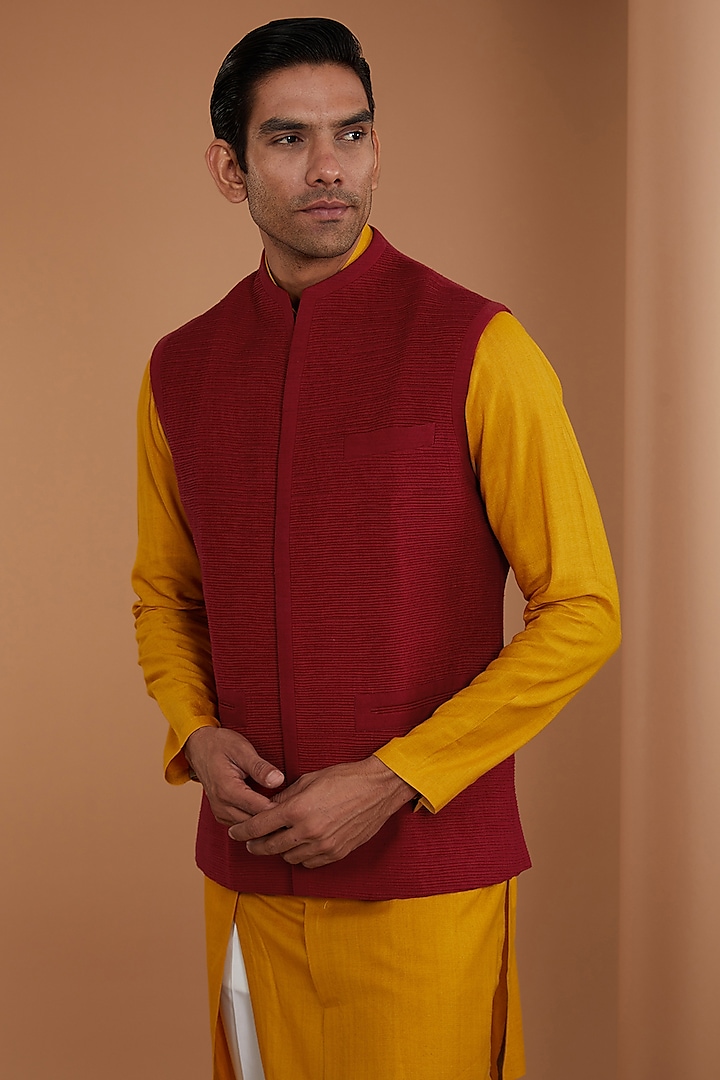 Ruby Red Silk Nehru Jacket by Dhruv Vaish