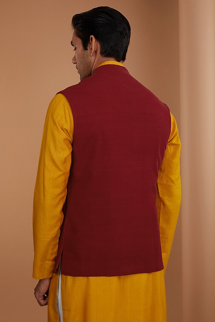 Ruby Red Silk Nehru Jacket by Dhruv Vaish at Pernia's Pop Up Shop