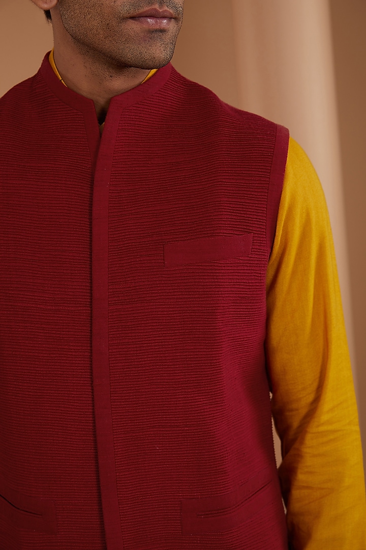 Ruby Red Silk Nehru Jacket by Dhruv Vaish at Pernia's Pop Up Shop