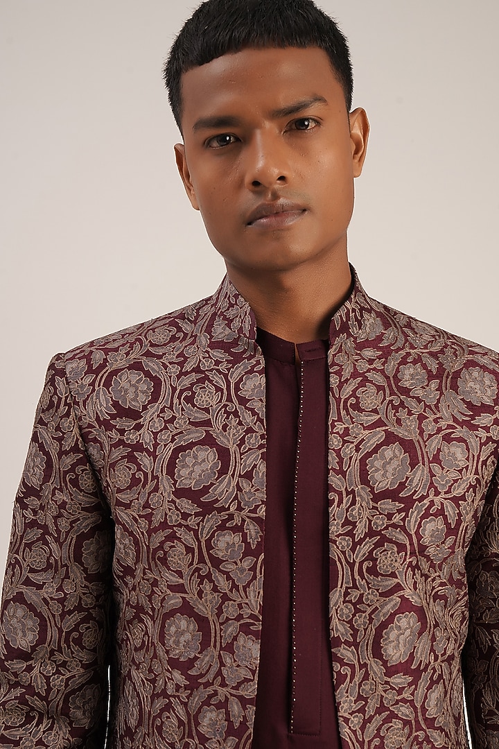 Old Mauve Raw Silk Embroidered Indo Western Jacket by Dhruv Vaish at Pernia's Pop Up Shop