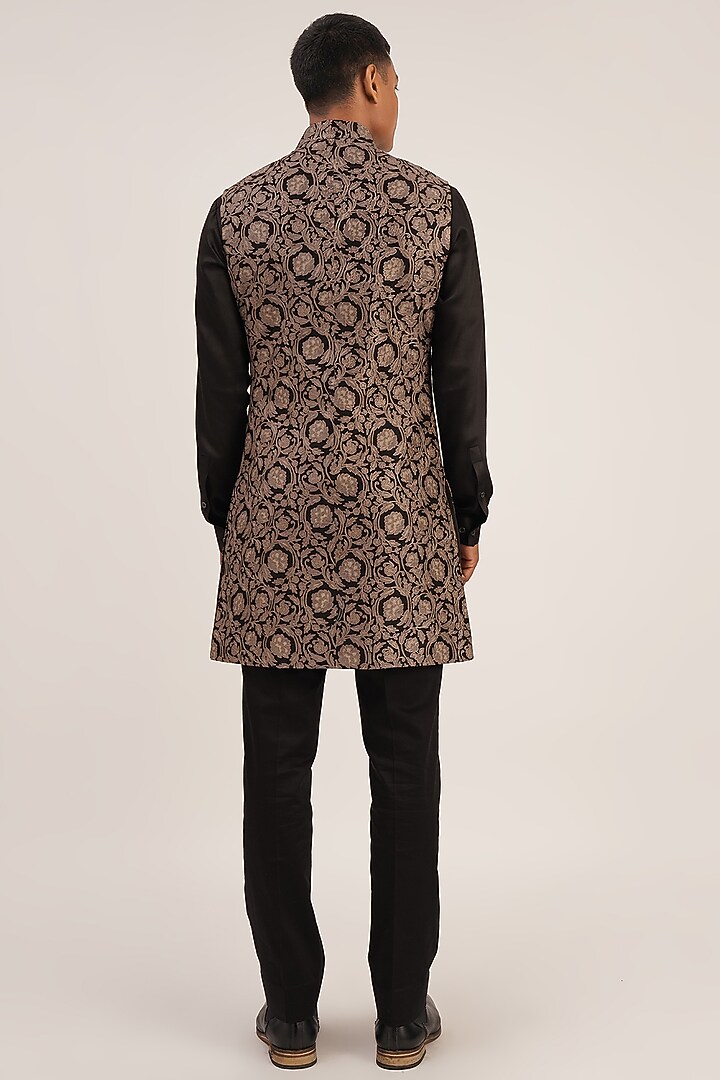 Black Raw Silk Embroidered & Printed Jawahar Jacket by Dhruv Vaish at Pernia's Pop Up Shop