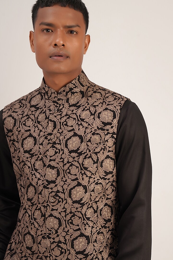 Black Raw Silk Embroidered & Printed Jawahar Jacket by Dhruv Vaish at Pernia's Pop Up Shop