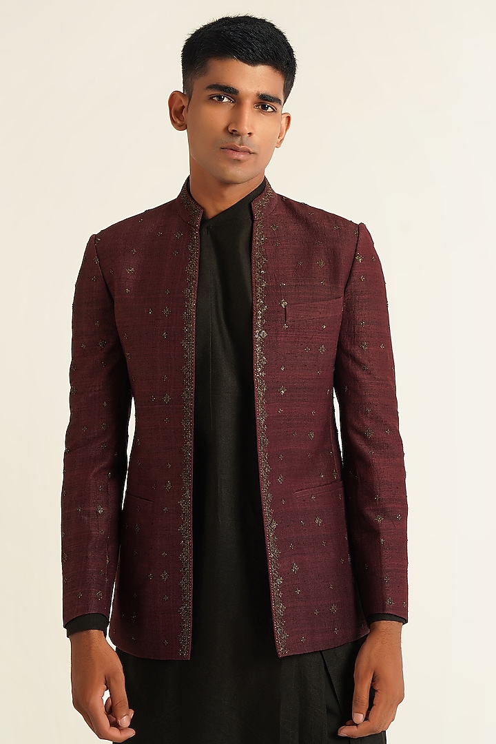 Old Mauve Silk Embroidered Open Bandhgala Jacket by Dhruv Vaish