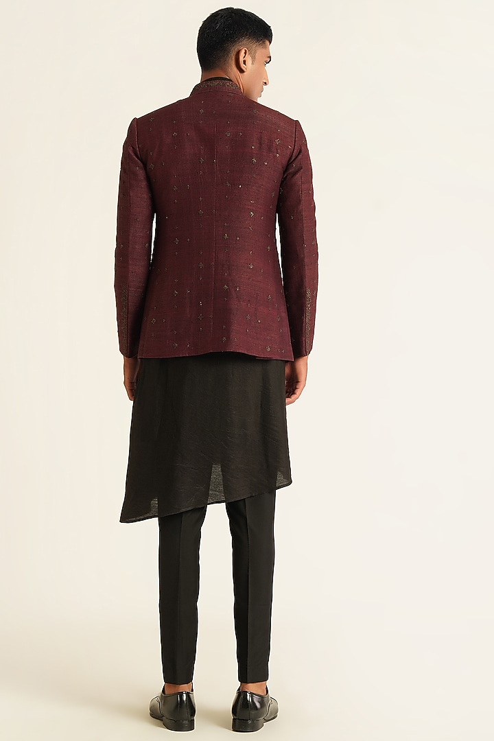 Old Mauve Silk Embroidered Open Wedding Bandhgala Jacket by Dhruv Vaish at Pernia's Pop Up Shop