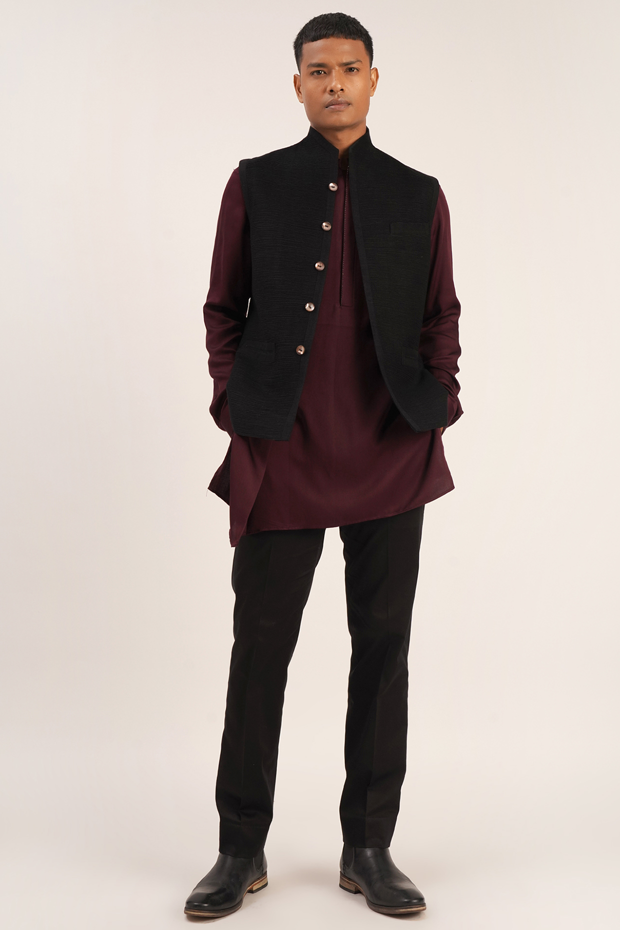 Black Silk Wedding Indowestern Jacket by Dhruv Vaish at Pernia's Pop Up Shop