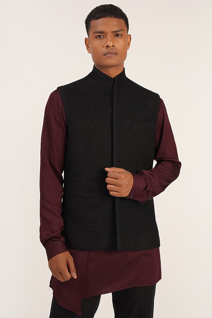 Black Silk Wedding Indowestern Jacket by Dhruv Vaish at Pernia's Pop Up Shop