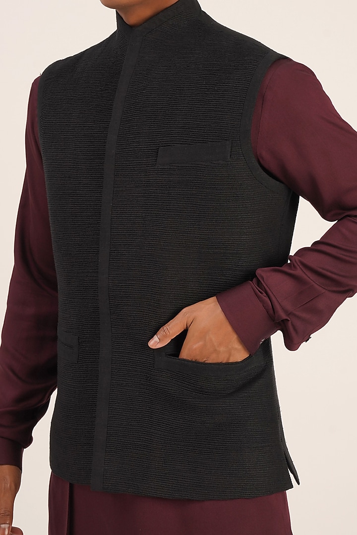 Black Silk Wedding Indowestern Jacket by Dhruv Vaish at Pernia's Pop Up Shop