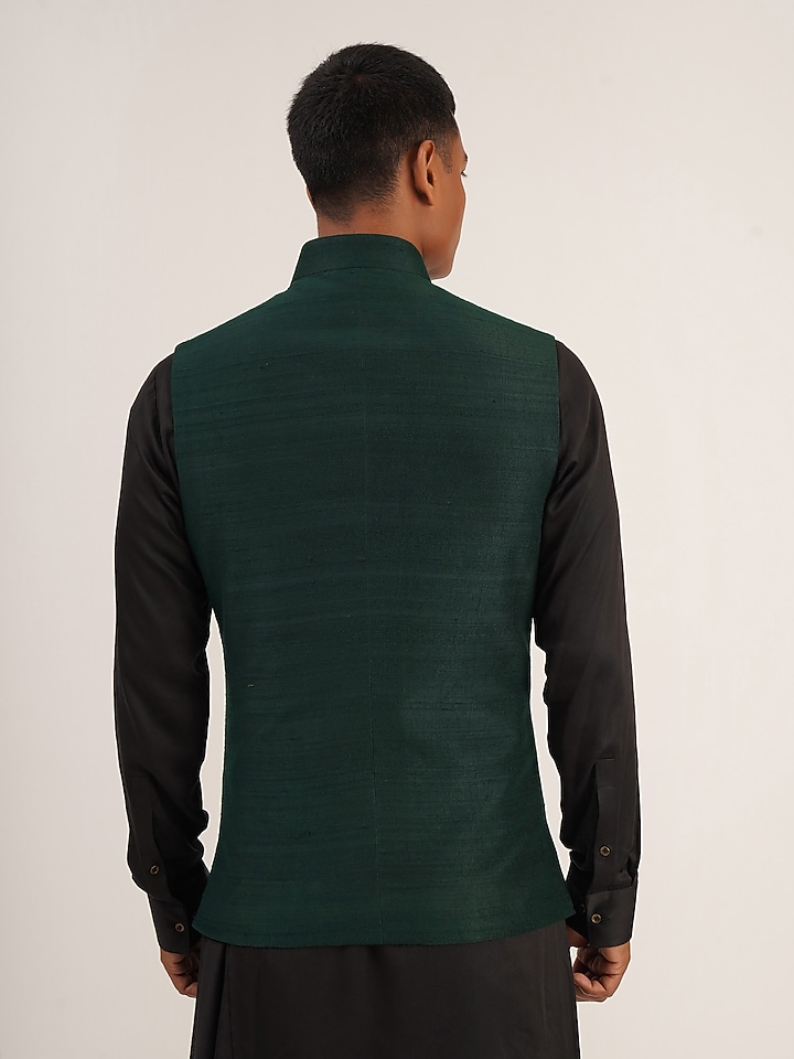 Bottle Green Raw Silk Paneled Nehru Jacket by Dhruv Vaish at Pernia's Pop Up Shop