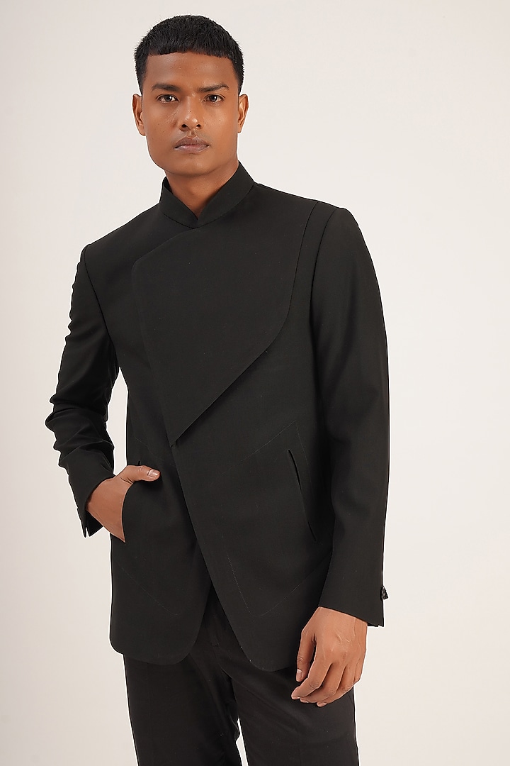 Black Terriwool Wedding Bandhgala by Dhruv Vaish at Pernia's Pop Up Shop