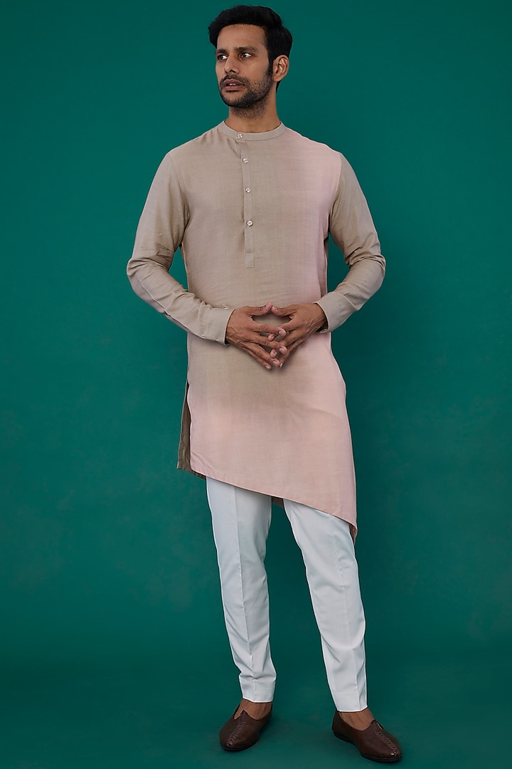 Beige Pink Handloom Cotton Kurta Set by Dhruv Vaish