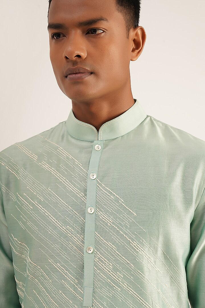 Jade Mist Cotton Silk Embroidered Kurta Set by Dhruv Vaish at Pernia's Pop Up Shop