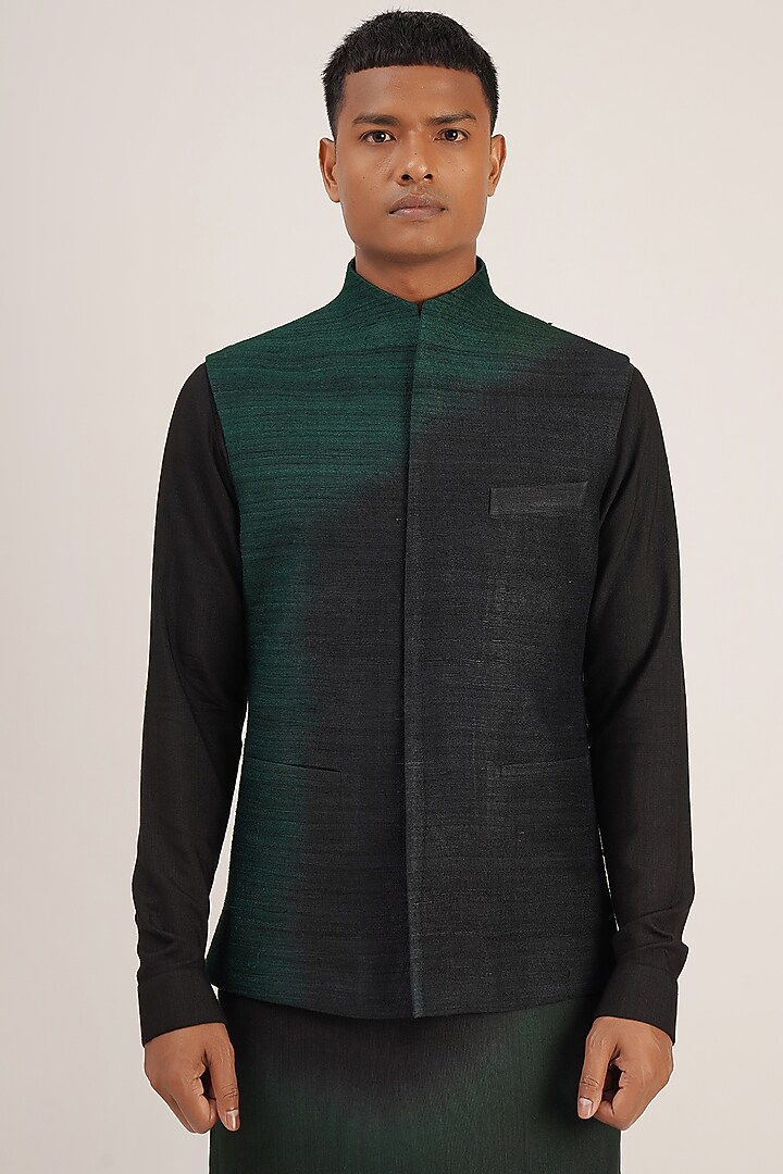 Black & Bottle Green Silk Jawahar Jacket by Dhruv Vaish at Pernia's Pop Up Shop