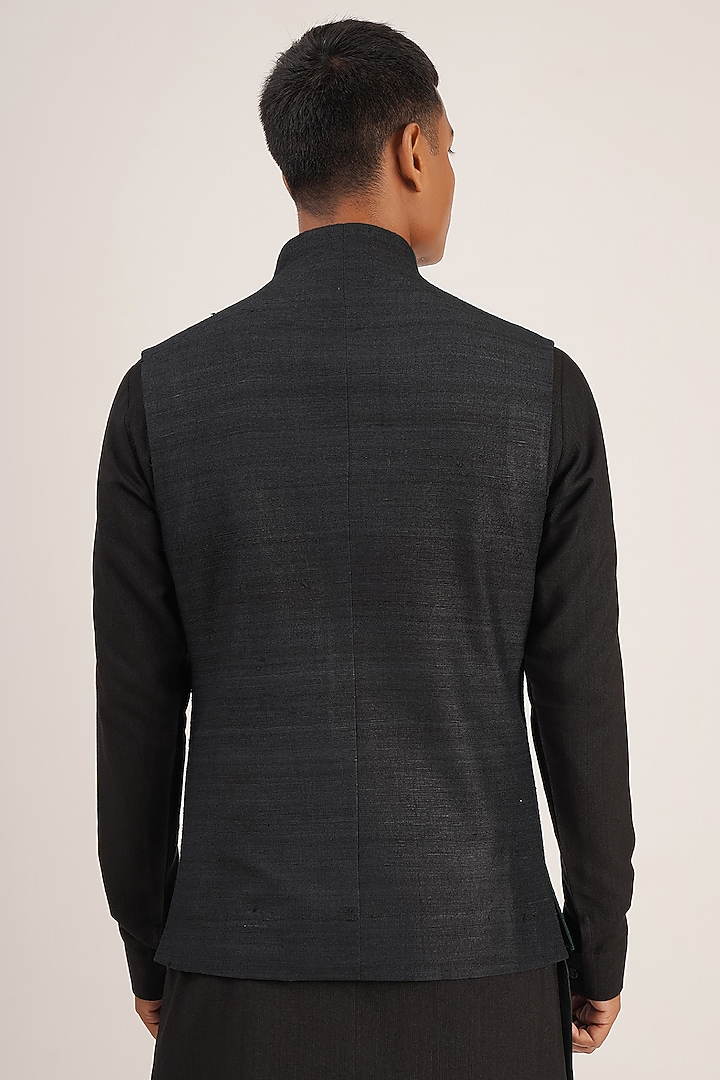 Black & Bottle Green Silk Jawahar Jacket by Dhruv Vaish at Pernia's Pop Up Shop