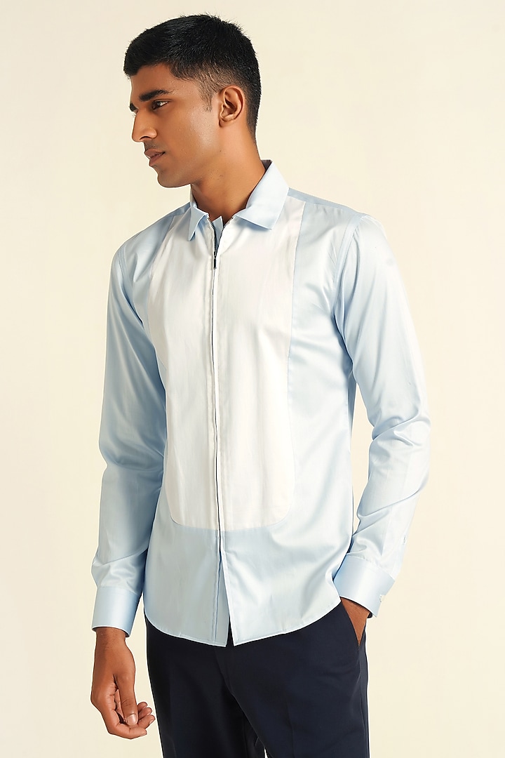 Ice Blue Cotton Satin Shirt by Dhruv Vaish