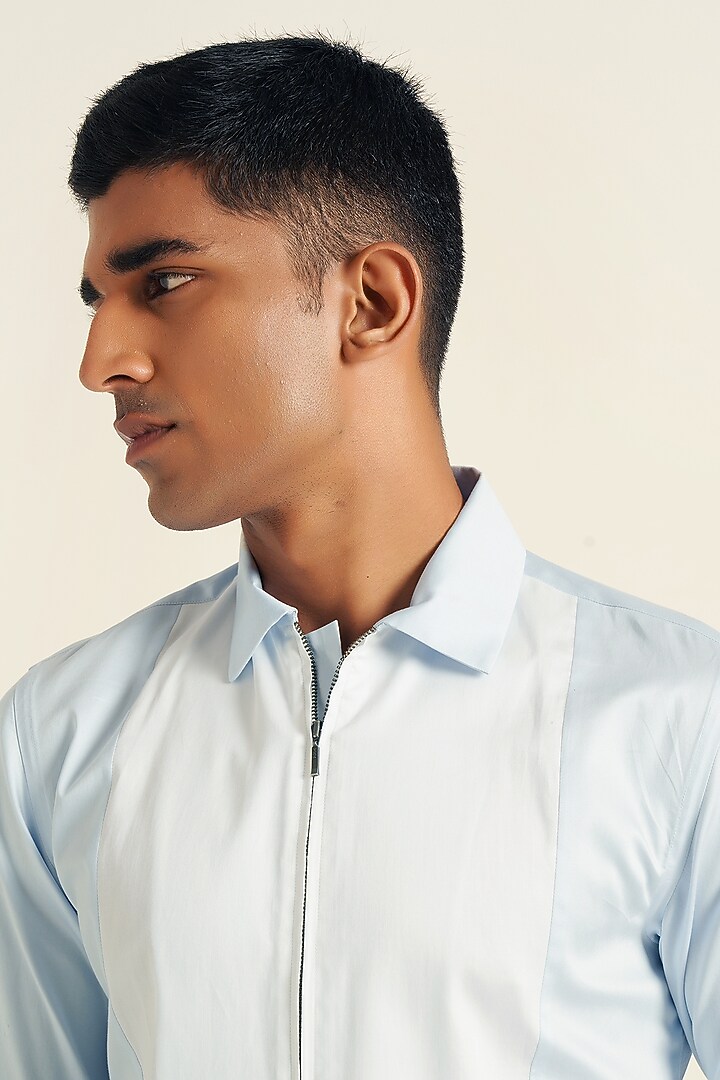 Ice Blue Cotton Satin Party Wear Shirt by Dhruv Vaish at Pernia's Pop Up Shop