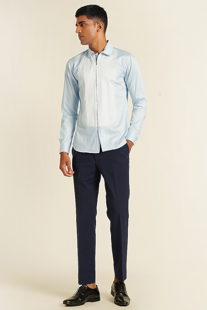 Ice Blue Cotton Satin Party Wear Shirt by Dhruv Vaish at Pernia's Pop Up Shop