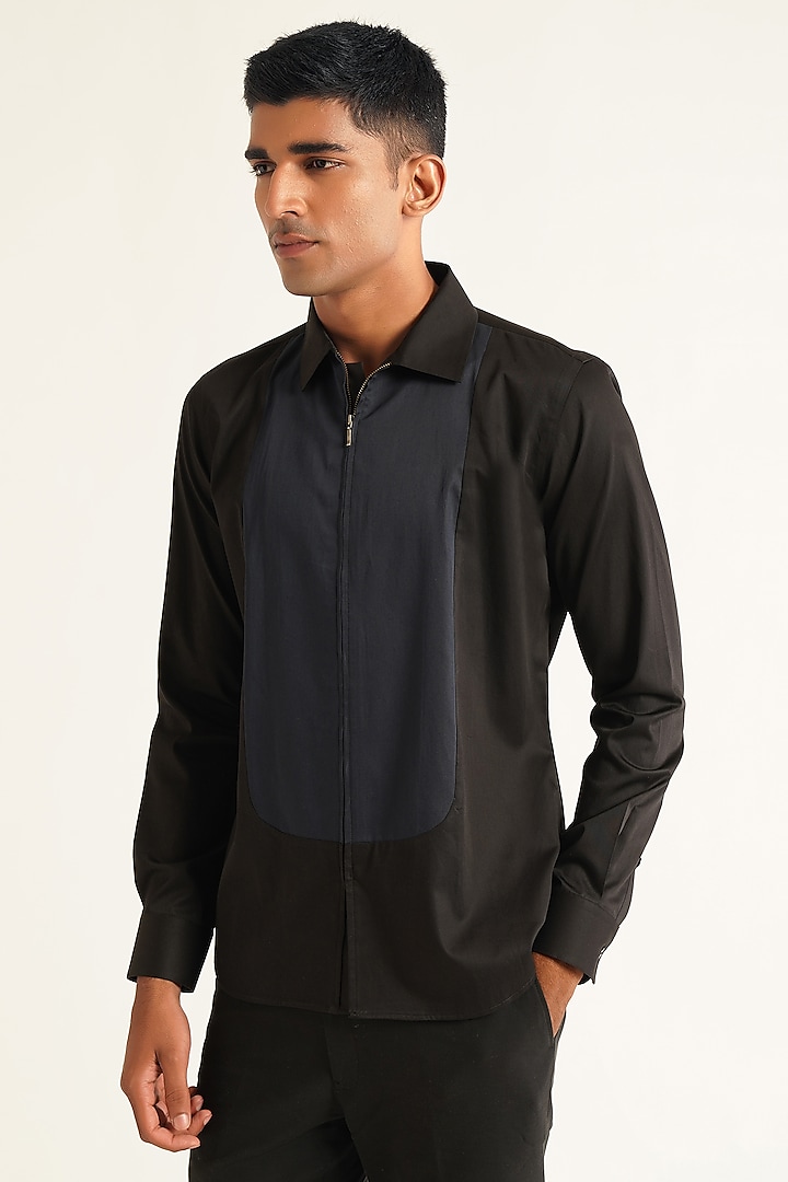 Black Cotton Satin Party Wear Shirt by Dhruv Vaish at Pernia's Pop Up Shop