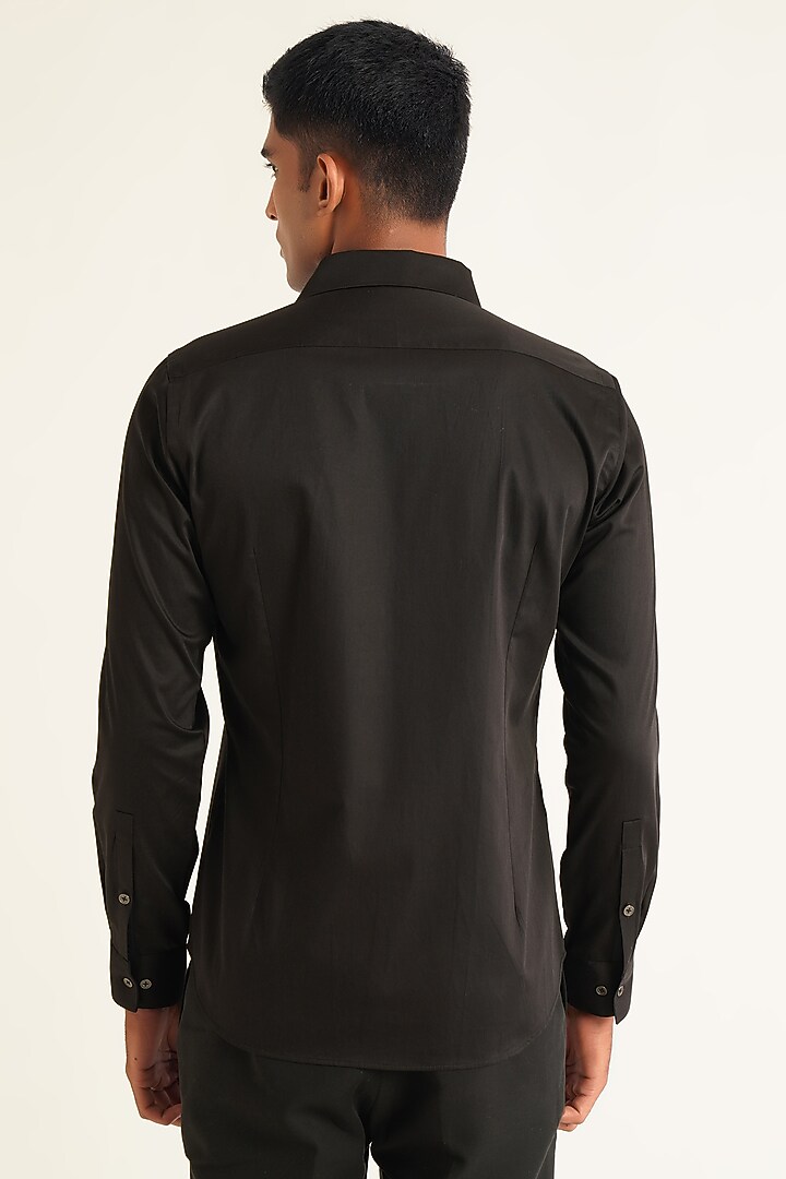 Black Cotton Satin Party Wear Shirt by Dhruv Vaish at Pernia's Pop Up Shop